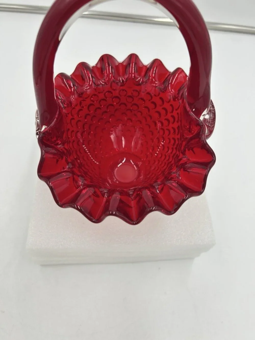 Vintage Fenton Ruby Red Hobnail Glass Basket 7.5